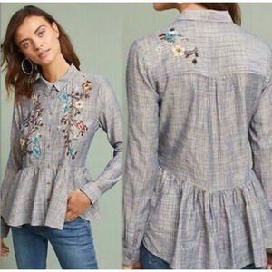 Anthropologie Gray Plaid Button-Down Shirt with Floral Embroidery